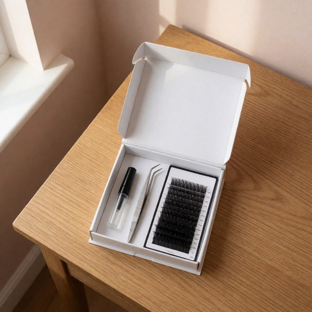 Open white box containing false eyelashes, tweezers, and glue tube on a light wooden table with natural window light