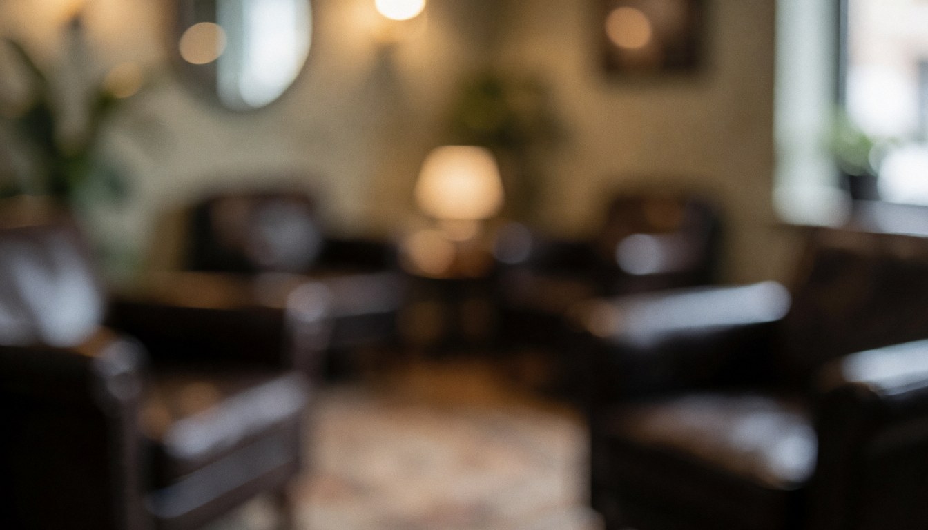 Soft focus background of a tattoo studio waiting area featuring dark leather chairs, warm lighting, and wooden walls, perfect for text overlays.