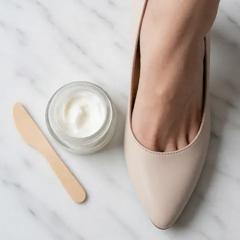 Heeled shoe and glass jar of pedicure cream on white marble surface for beauty salon product display