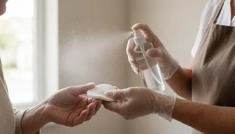 A professional wearing gloves applies facial toner to a cloth in a salon setting with natural light, emphasizing hygiene for facial cleansing services.