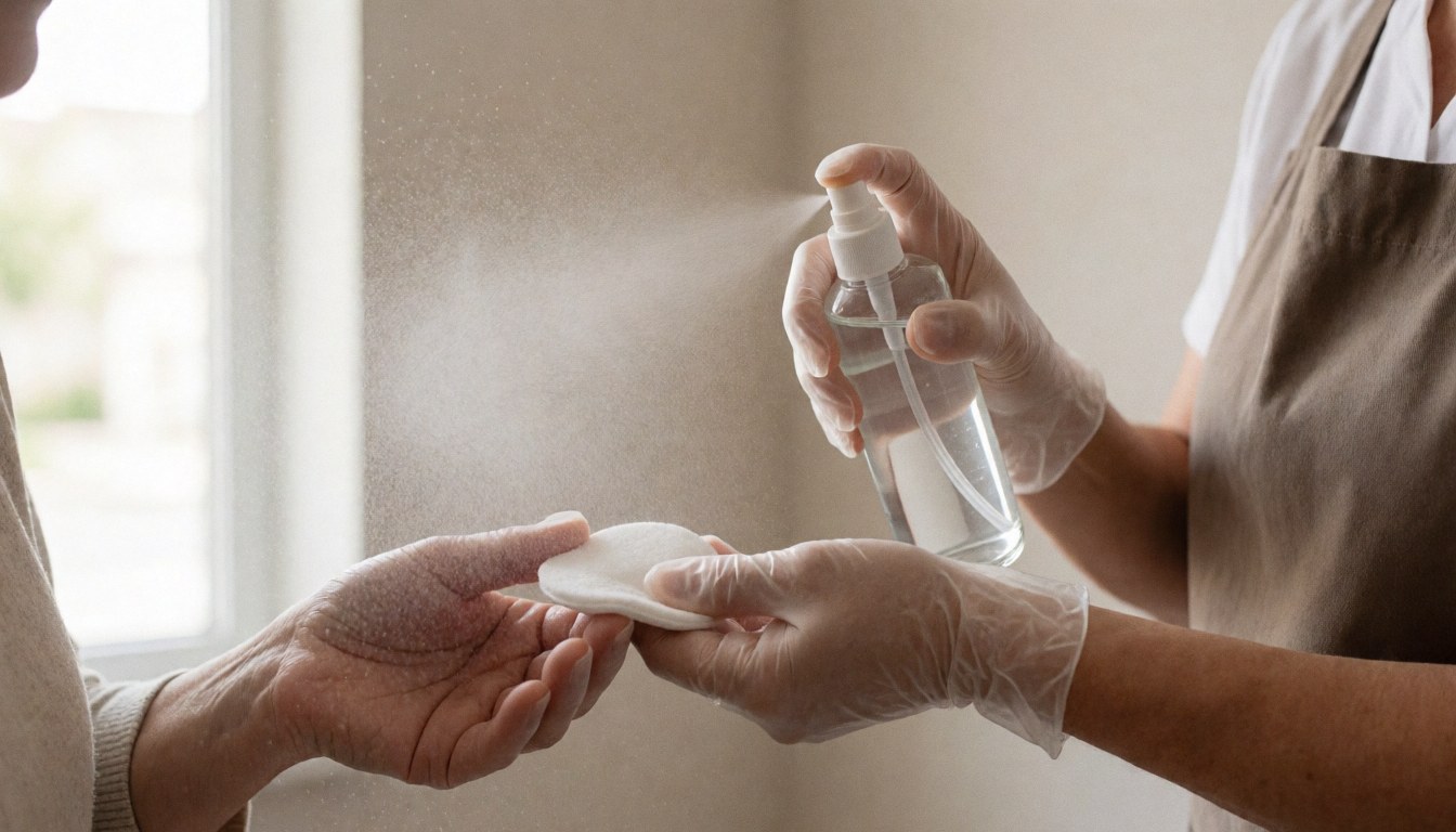 A professional wearing gloves applies facial toner to a cloth in a salon setting with natural light, emphasizing hygiene for facial cleansing services.