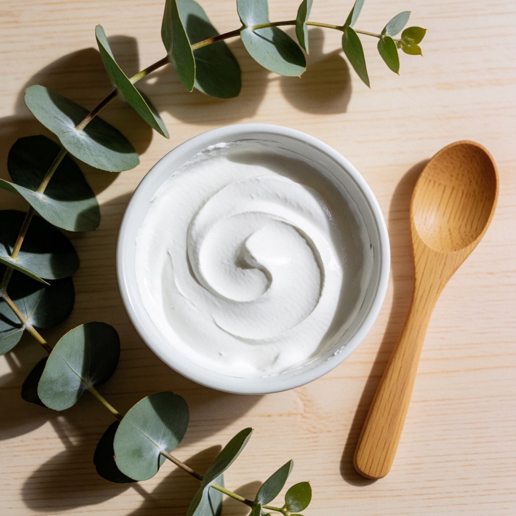 Top view of white clay face mask in a white bowl surrounded by eucalyptus leaves and a wooden spoon on a light wood surface with natural lighting