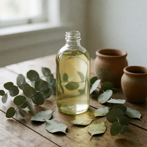 Glass bottle containing clear oil surrounded by fresh eucalyptus leaves and clay pots on a rustic wooden table with soft natural light