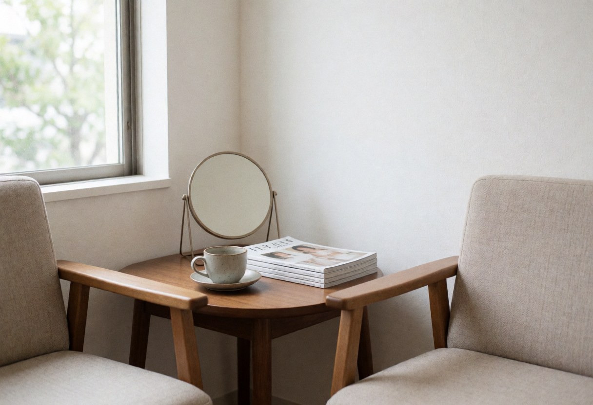 A round mirror sits on a light wooden table between two chairs, accompanied by a coffee cup and magazines, illuminated by natural window light in a relaxed waiting area.