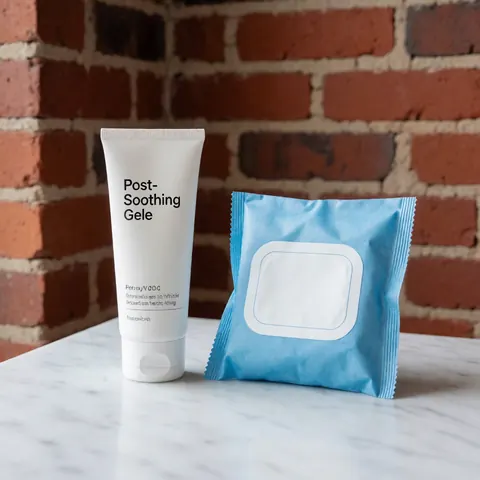 White soothing gel tube and blue wet wipe pack on white marble surface with red brick wall background