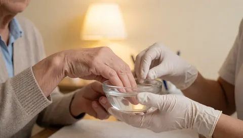 A manicurist wearing white gloves applies acetone to an older client's hand in a salon with warm lighting and beige walls