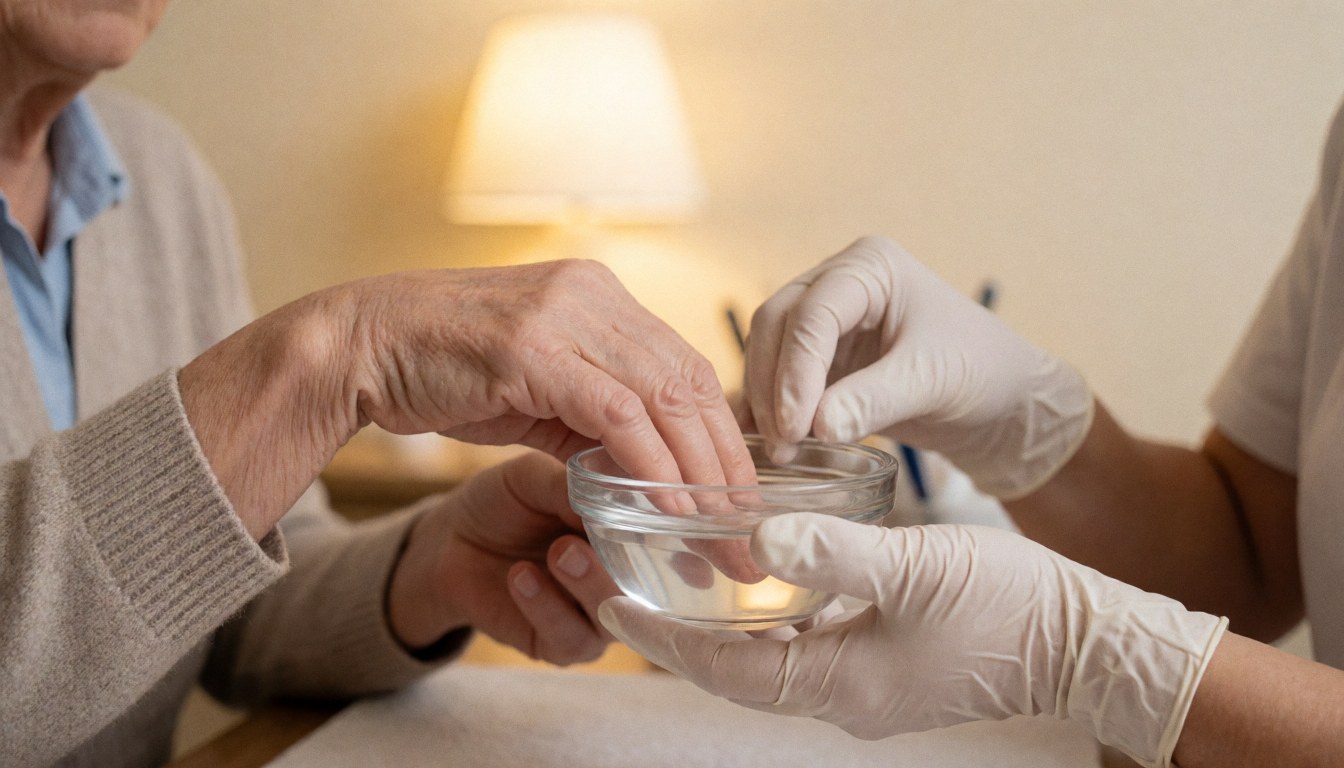 A manicurist wearing white gloves applies acetone to an older client's hand in a salon with warm lighting and beige walls