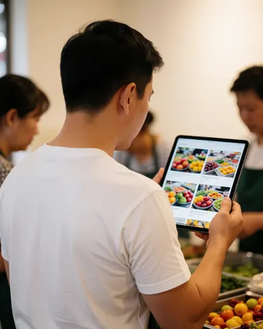 A customer views images of fresh fruit on a tablet in a market, with real produce in the foreground and blurred people in the background.