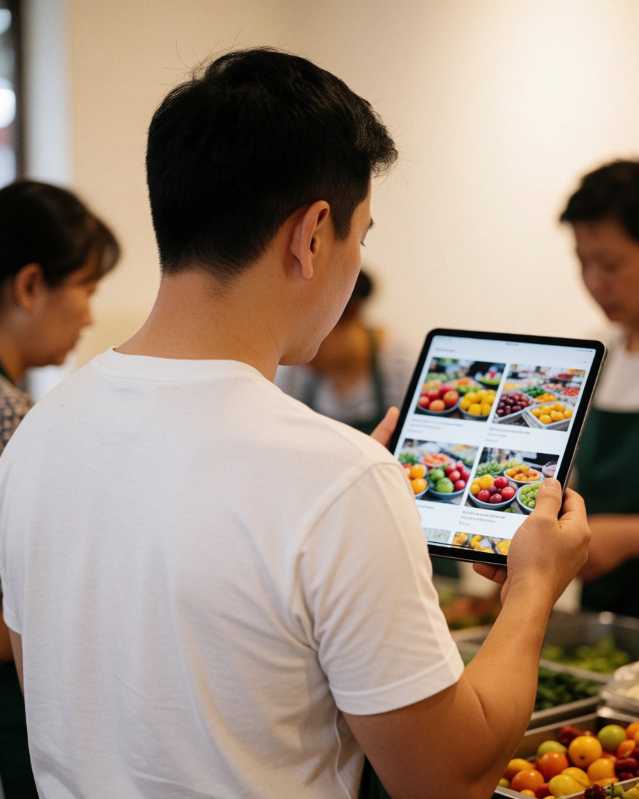 A customer views images of fresh fruit on a tablet in a market, with real produce in the foreground and blurred people in the background.