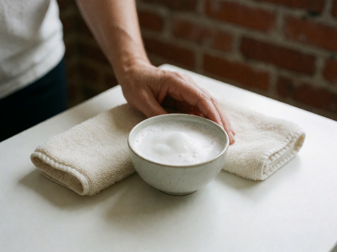 Close-up of an adult hand holding a white ceramic bowl filled with cleansing foam, with a clean towel and red brick wall in the background