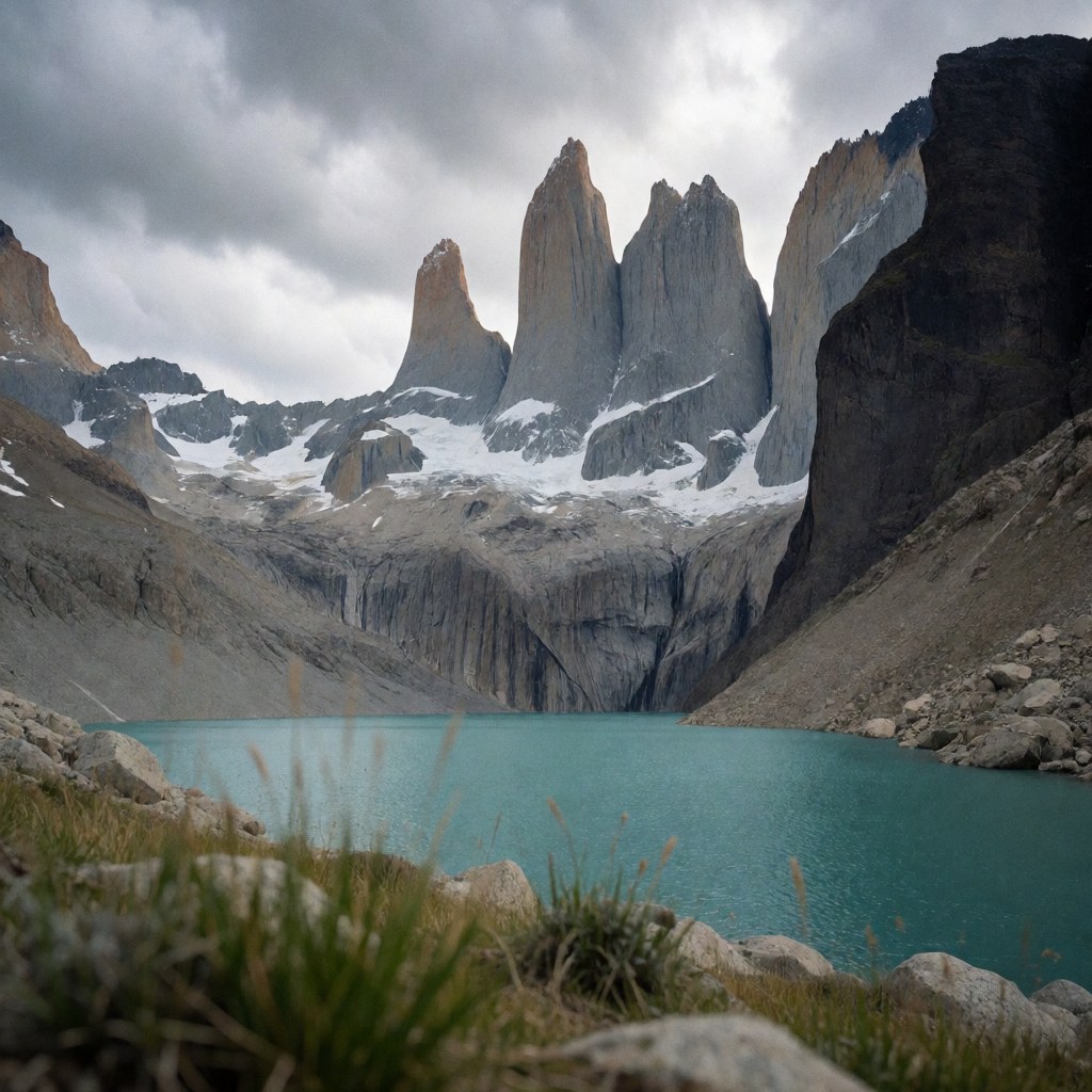 Panoramic view of granite peaks and turquoise lake in Patagonia under dramatic clouds, ideal for photography business backgrounds