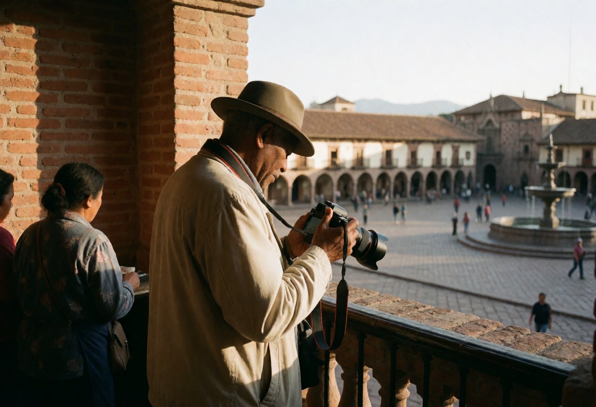 A professional photographer reviews his camera settings on a brick balcony overlooking a colonial plaza and fountain during golden hour sunset light.