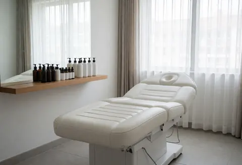 Clean facial cleansing room featuring a white treatment table, mirror, product shelves, and windows with white curtains for a hygienic atmosphere