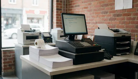 Print counter with cash register, computer, paper stack, printer, brick wall, and natural light