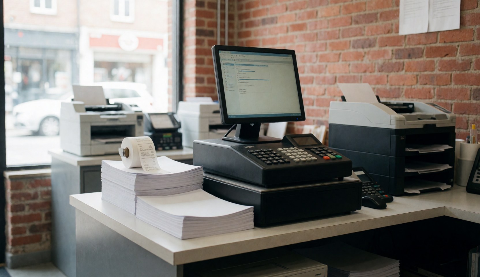 Print counter with cash register, computer, paper stack, printer, brick wall, and natural light
