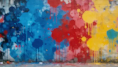 Urban wall background featuring blue, red, and yellow abstract paint splashes, ideal for text overlay with soft lighting and reduced depth of field.