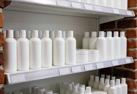 White shelves displaying facial cleansing products against a red brick wall in a bright, tidy retail store interior