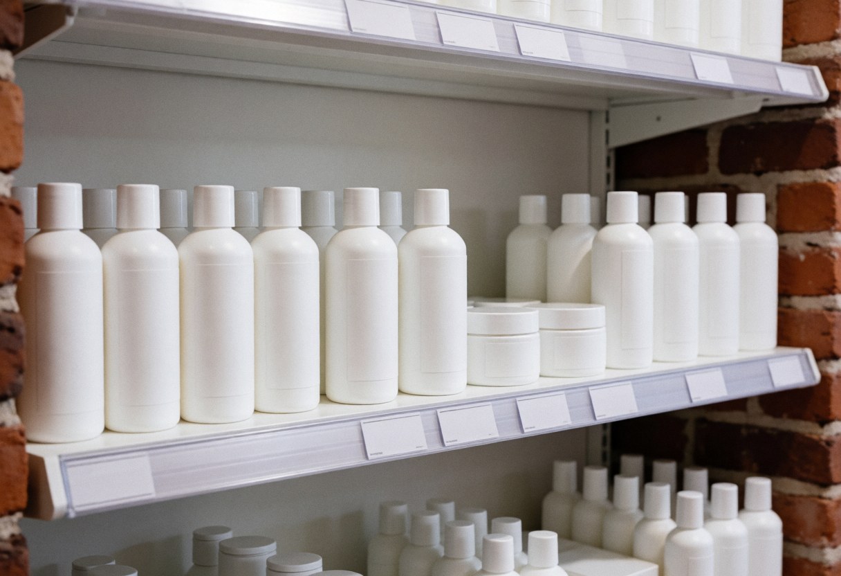 White shelves displaying facial cleansing products against a red brick wall in a bright, tidy retail store interior