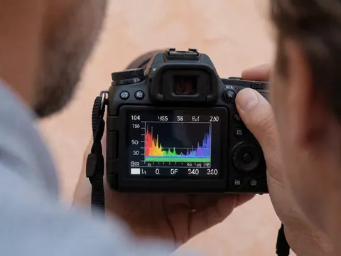 Close-up of a DSLR camera screen showing histogram and exposure settings while hands adjust the dial against a terracotta wall background