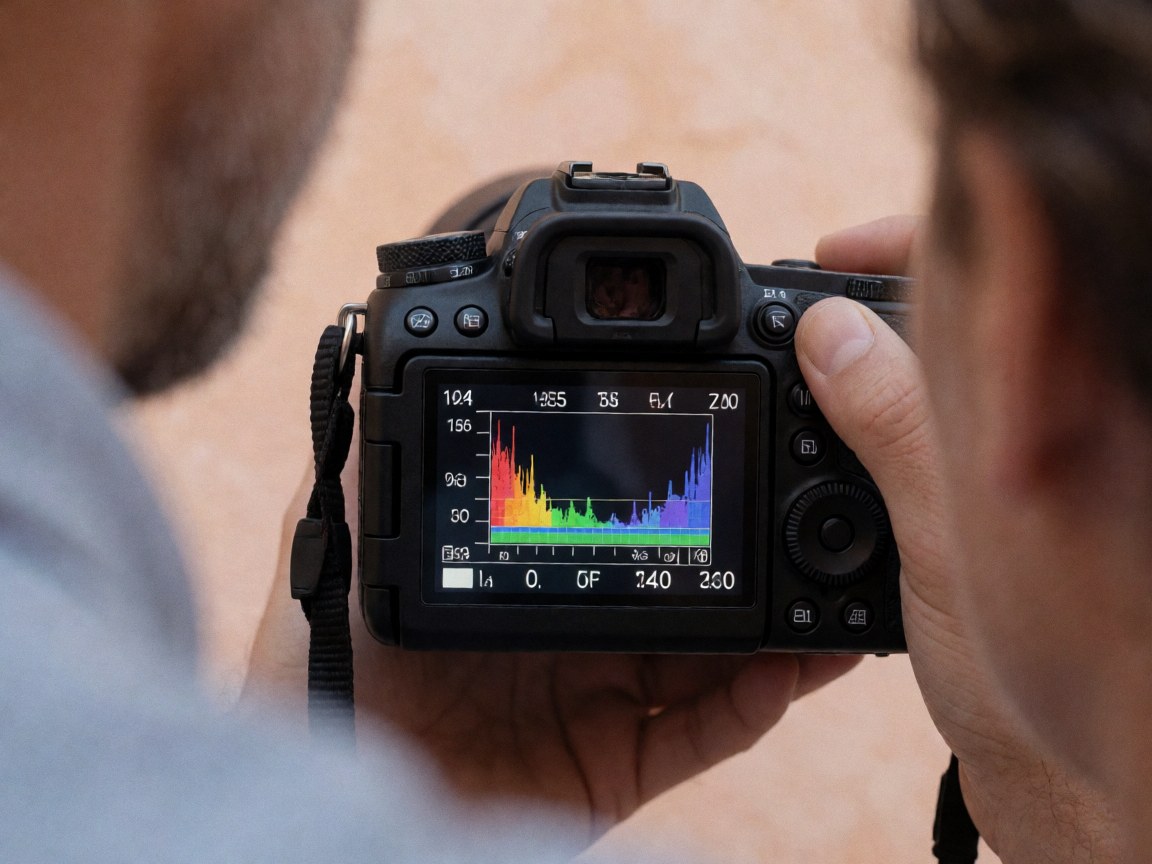 Close-up of a DSLR camera screen showing histogram and exposure settings while hands adjust the dial against a terracotta wall background