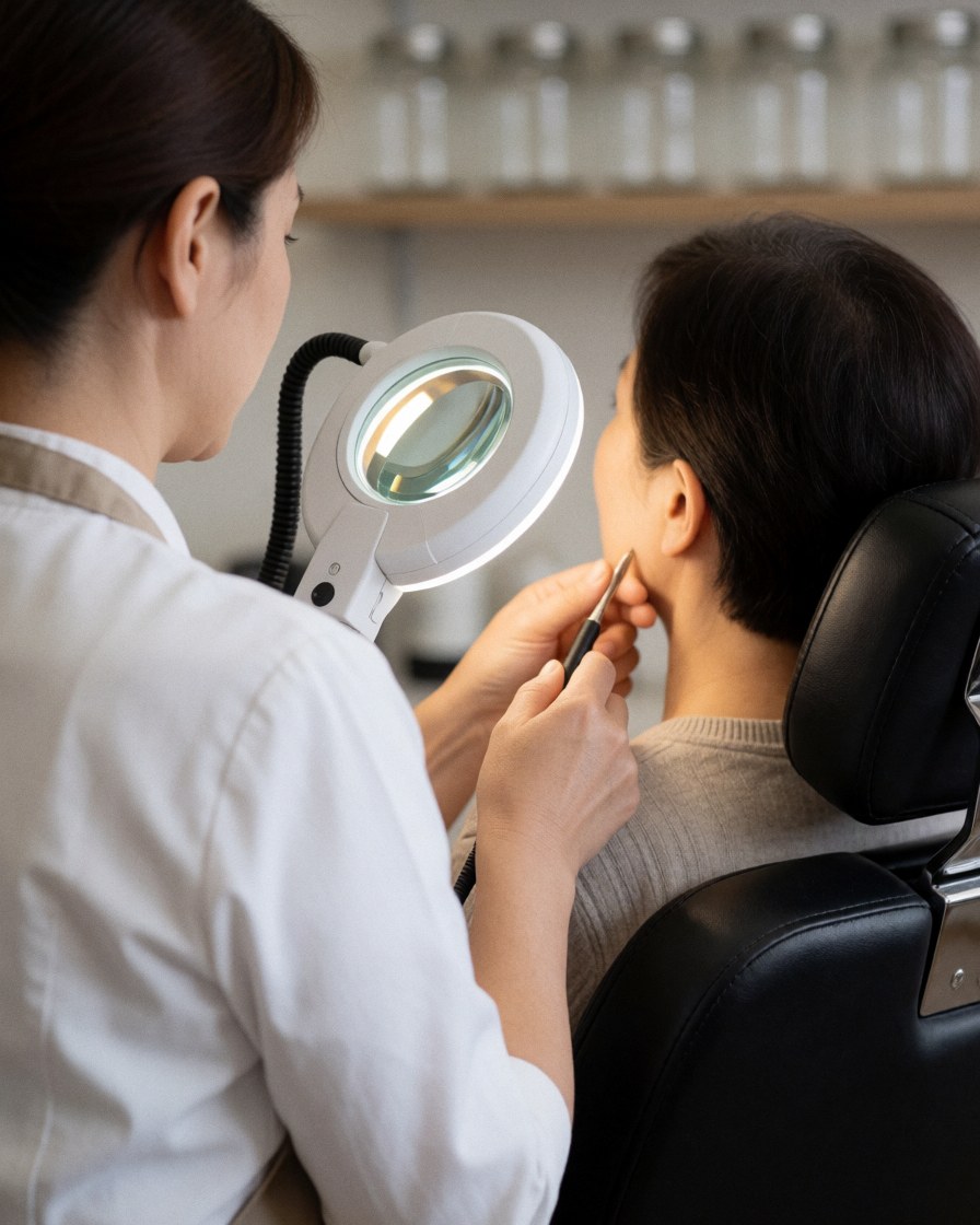A therapist uses a magnifying glass and tool to examine a client's skin in a calm, professional salon setting with shelves and bottles in the background.