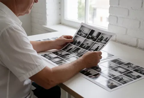 A documentary photographer reviews photographic contact sheets in a studio with natural light, white brick walls, and a clean table.
