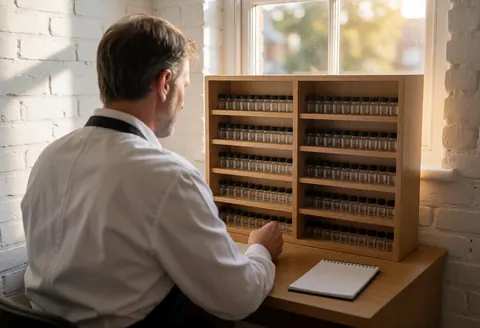 Professional in white coat checks homeopathy jars in wooden display case with natural light, notebook on desk, white brick wall background