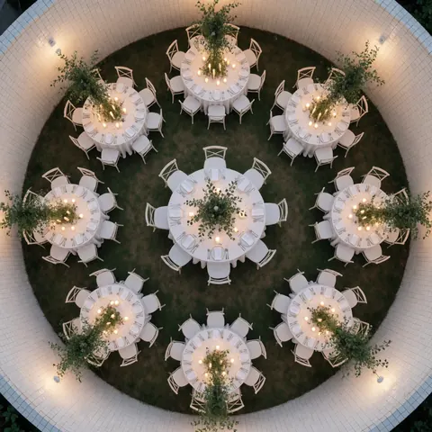 Aerial view of white round tables with lit candles and greenery on grass in a circular tiled space with warm romantic lighting