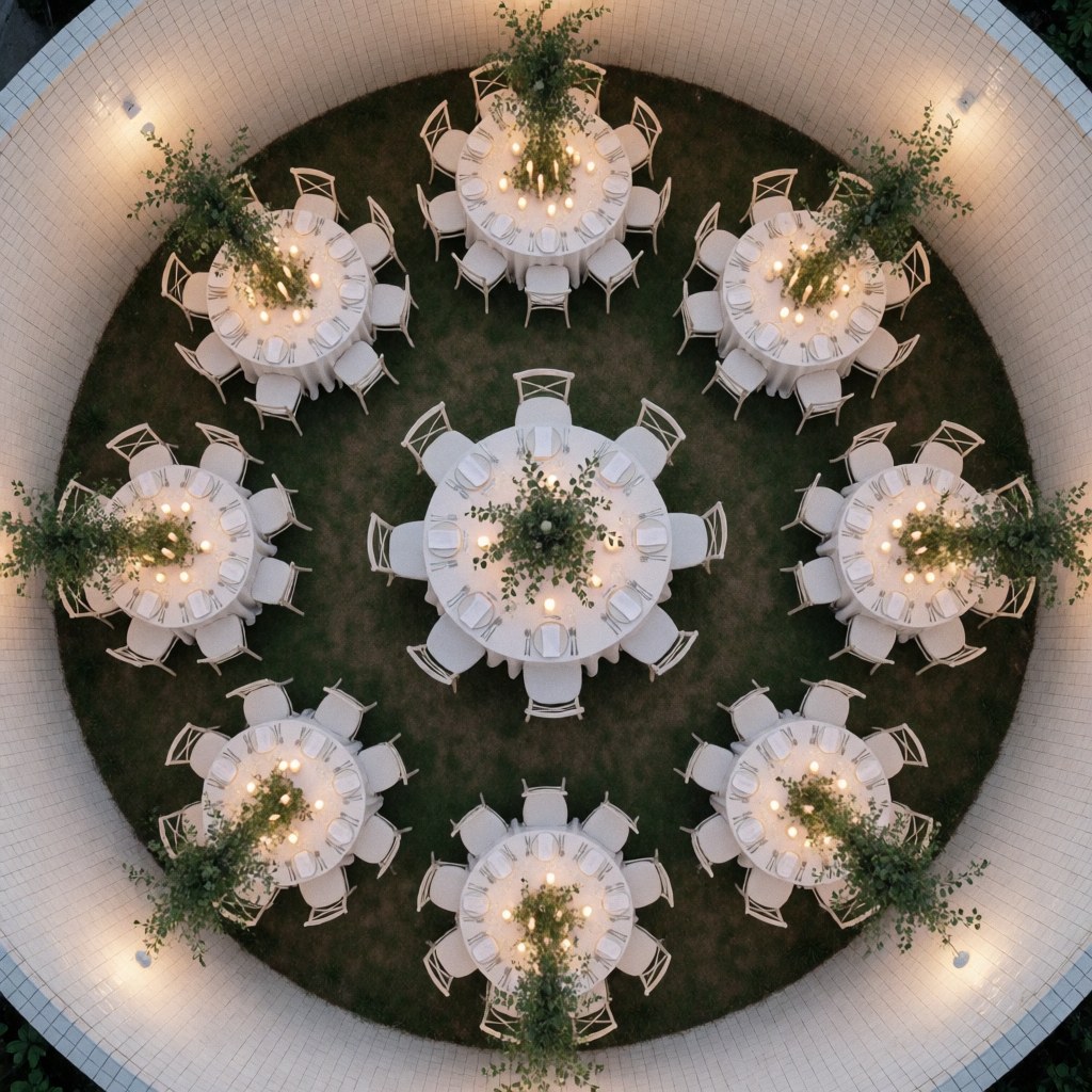 Aerial view of white round tables with lit candles and greenery on grass in a circular tiled space with warm romantic lighting