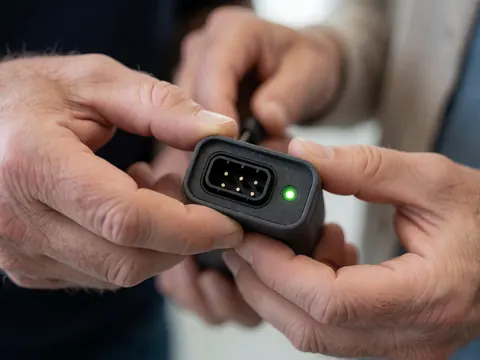 Close-up of a drone charger with a green LED light, showing hands working on connectors and battery status for aerial photography equipment maintenance.
