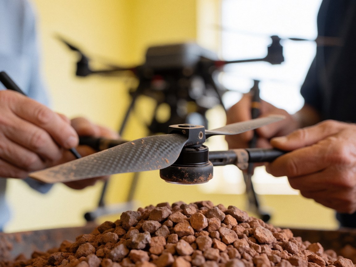 A technician inspects a dusty drone propeller resting on a pile of red mineral, with the drone and yellow walls visible in the background.