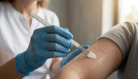 A professional wearing blue gloves uses a spatula to apply conductive gel to a client's arm during a laser hair removal treatment in a softly lit room.