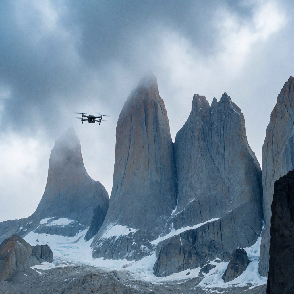 Professional drone flying near imposing stone towers in a snowy Patagonian landscape, ideal for promoting aerial photography services.