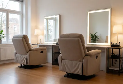Empty beauty room featuring two beige reclining chairs, lighted mirrors, work tables with tools, and windows with natural light