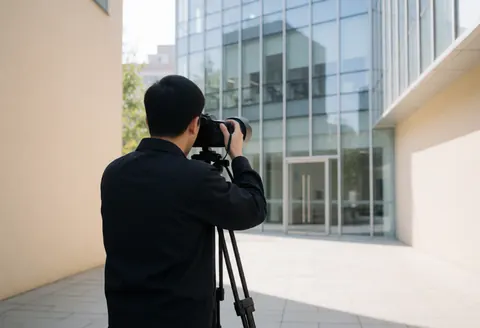 Professional photographer adjusting a camera on a tripod in an urban plaza with natural light and beige walls near a modern glass office building