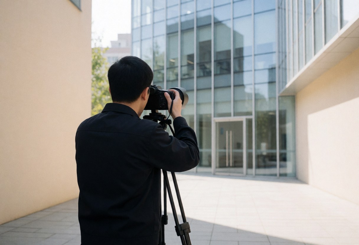 Professional photographer adjusting a camera on a tripod in an urban plaza with natural light and beige walls near a modern glass office building