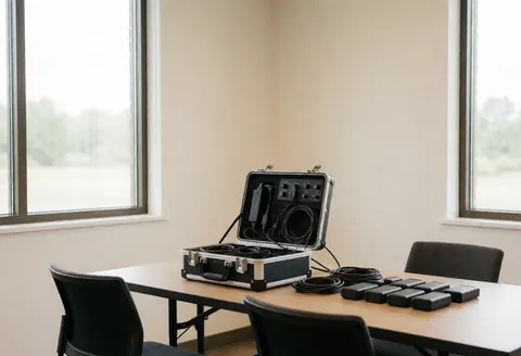 Professional aerial photography equipment including batteries and cables arranged on a clean office desk near windows