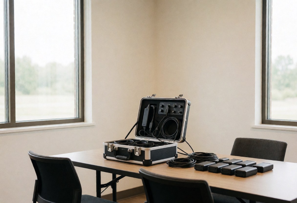 Professional aerial photography equipment including batteries and cables arranged on a clean office desk near windows