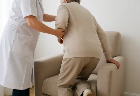 A therapist in a white coat helps an elderly person stand from a beige chair using safe lifting techniques in a bright room with white walls.