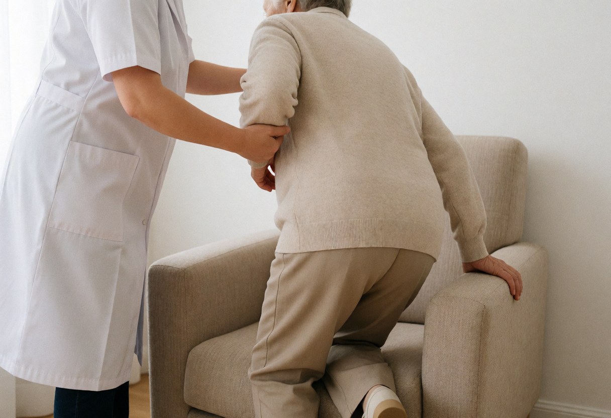 A therapist in a white coat helps an elderly person stand from a beige chair using safe lifting techniques in a bright room with white walls.