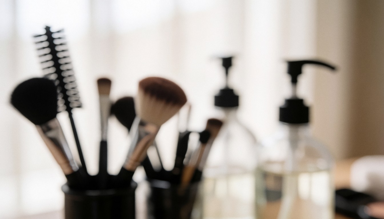 Soft focus background featuring makeup brushes in a holder and cleaning dispensers, ideal for hygiene and care text overlays
