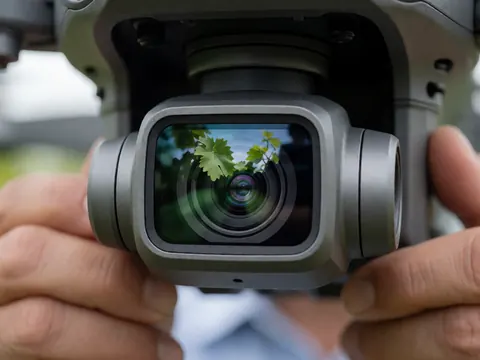 Professional drone camera held by hands with vineyard leaves reflected in the lens, blurred background for viticulture monitoring
