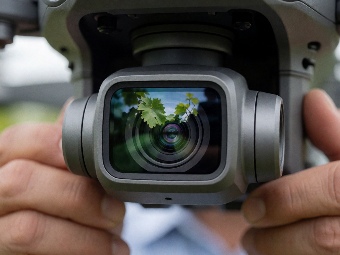 Professional drone camera held by hands with vineyard leaves reflected in the lens, blurred background for viticulture monitoring