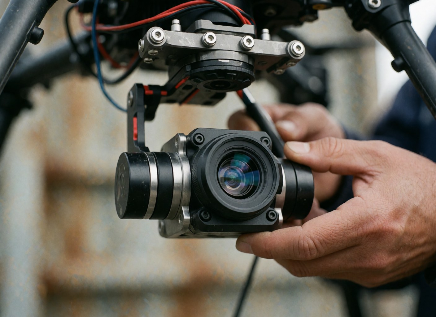 Close-up of hands adjusting a professional drone camera equipped with a gimbal, highlighting mechanical details against a blurred industrial background.