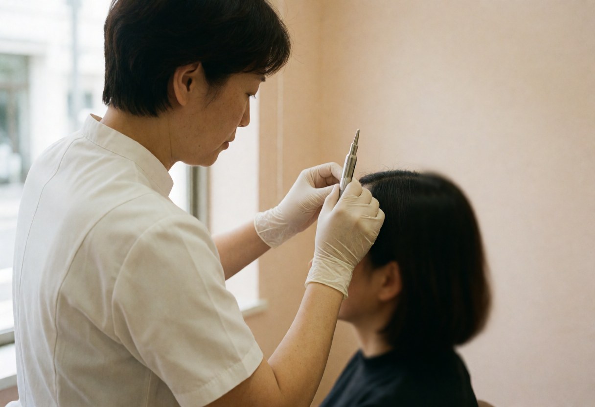 Therapist wearing gloves extracts impurities from client forehead using tool in salon with natural light and beige walls