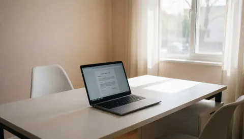 Open laptop displaying a contract on a modern office desk with a white chair and window with curtains