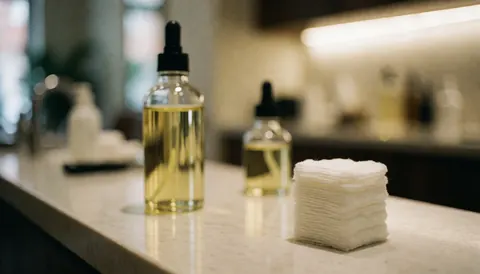 Bottle of oil and cotton pads arranged on a clean salon counter with warm lighting and soft background