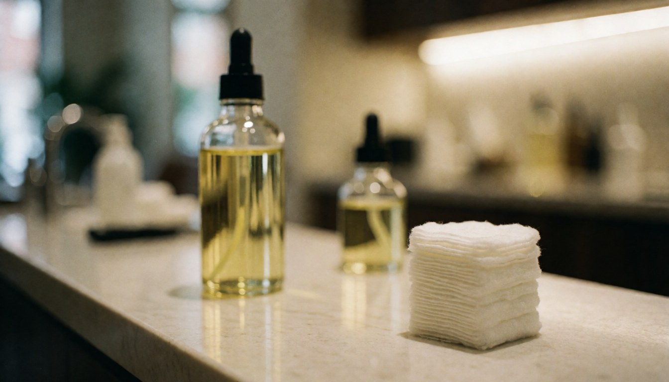 Bottle of oil and cotton pads arranged on a clean salon counter with warm lighting and soft background