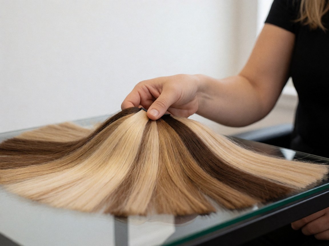 Stylist hand holding synthetic and natural hair samples in brown and blonde tones on a glass table in a salon