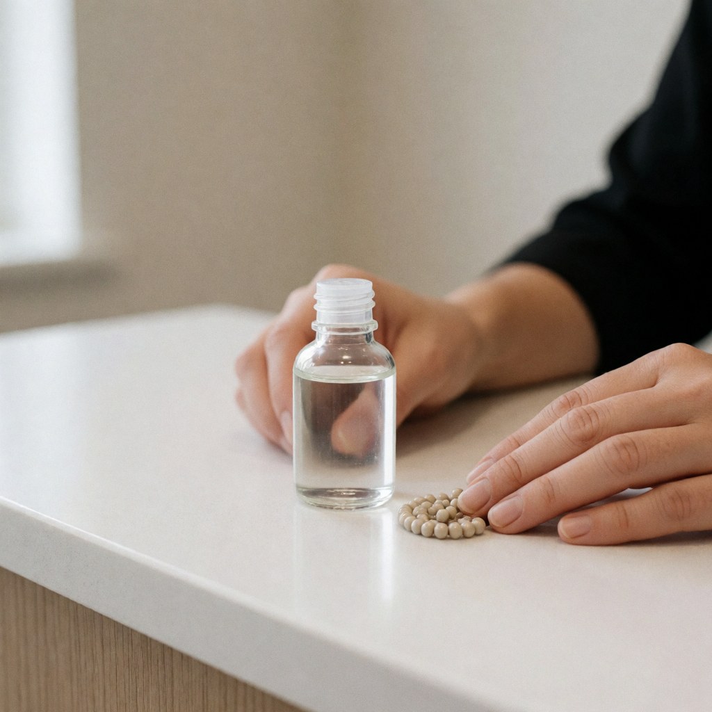 Hands resting on a white counter with liquid solution and keratin beads, hair extension product for salon use
